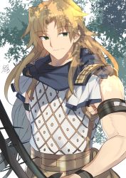 Rule 34 | artist name, bishounen, blonde hair, blush, bow (weapon), brown hair, chiron (fate), closed mouth, dappled sunlight, day, fate/apocrypha, fate (series), green eyes, highres, holding, holding bow (weapon), holding weapon, male focus, nikame, outdoors, parted bangs, signature, smile, solo, sunlight, tree shade, weapon