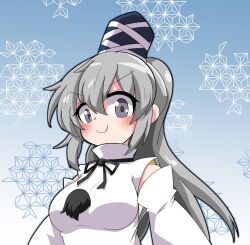 Rule 34 | 1girl, black hat, black ribbon, blue background, blush, breasts, c:, closed mouth, commentary request, detached sleeves, grey hair, hair between eyes, hat, highres, impossible clothes, impossible shirt, long hair, looking at viewer, medium breasts, mononobe no futo, neck ribbon, outline, pom pom (clothes), ponytail, ribbon, shirt, smile, solo, tate eboshi, terutema, touhou, upper body, v-shaped eyebrows, white sleeves