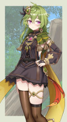 Rule 34 | 1girl, absurdres, asymmetrical legwear, belt, black dress, black thighhighs, blush, breasts, bridal gauntlets, capelet, closed mouth, collei (genshin impact), detached sleeves, dress, earrings, genshin impact, green capelet, green eyes, hair between eyes, hair ornament, hand on own hip, highres, jewelry, purple eyes, small breasts, solo, thighhighs, thighlet, uneven legwear, vision (genshin impact), yakob labo