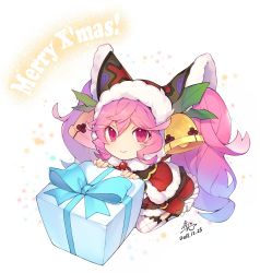 Rule 34 | 1girl, absurdres, akayan, bell, blue hair, box, cleo (dragalia lost), dated, dragalia lost, fur trim, gift, gift box, hair bell, hair between eyes, hair ornament, highres, long hair, looking at viewer, merry christmas, multicolored hair, official alternate costume, pink eyes, pink hair, seiza, signature, sitting, smile, solo, twintails, very long hair