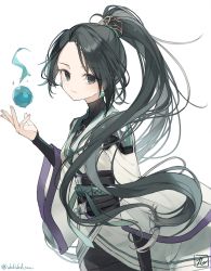 Rule 34 | 1girl, animification, arm at side, belt, belt buckle, black pants, black sleeves, buckle, chibirisu, closed mouth, commentary, cowboy shot, dark green hair, earrings, eyes visible through hair, floating, floating object, from side, green eyes, haori, head tilt, highres, japanese clothes, jewelry, layered sleeves, long hair, looking at viewer, orb, pants, ponytail, sage (valorant), signature, simple background, solo, valorant, white background