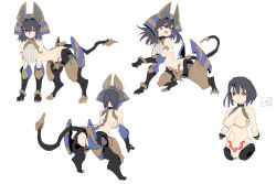 Rule 34 | 1girl, all fours, amputee, animal ears, armlet, ass, backboob, bell, neck bell, black hair, body modification, breasts, choker, crotch plate, cyborg, digitigrade, egyptian, female focus, from behind, full body, hair between eyes, headdress, highres, human dog, jackal ears, navel, no nipples, open mouth, original, prosthesis, pubic tattoo, quadruple amputee, red eyes, science fiction, simple background, sketch, solo, tail, tattoo, white background, zhu fun