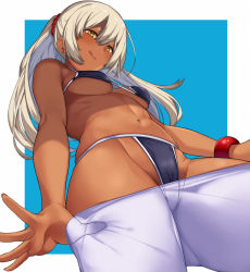 Rule 34 | 1girl, :q, bare shoulders, bikini, black bikini, blonde hair, bracelet, breasts, brown eyes, clothes pull, commentary request, contrapposto, cowboy shot, dark-skinned female, dark skin, earrings, foreshortening, from below, grey hair, hai ookami, hair between eyes, highres, jewelry, long hair, looking at viewer, looking down, medium breasts, navel, original, outside border, pants, pants pull, pantyhose, pantyhose pull, ponytail, pulling own clothes, revision, simple background, solo, stomach, stud earrings, swimsuit, thighs, tongue, tongue out, underboob, white pantyhose, yellow eyes
