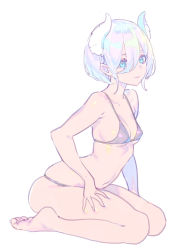Rule 34 | 1girl, bare arms, bare legs, bare shoulders, barefoot, bikini, black bikini, blue eyes, bob cut, breasts, closed mouth, demon horns, enkyo yuuichirou, from side, hair between eyes, highres, horns, looking at viewer, looking to the side, multicolored hair, navel, original, purple hair, seiza, short hair, simple background, sitting, skindentation, small breasts, smile, solo, stomach day, string bikini, swimsuit, white background