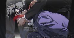 Rule 34 | 3boys, black hair, blue eyes, blue jacket, blurry, blurry background, collared shirt, covering another&#039;s mouth, from side, gagged, gagged male, grey shirt, hand gagged, hand over another&#039;s mouth, hand over another's mouth, jacket, kidkuroba4869, kudou shin&#039;ichi, long sleeves, looking at viewer, meitantei conan, multiple boys, necktie, pants, red necktie, shirt, short hair, solo focus, watermark