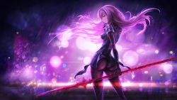 Rule 34 | 1girl, arm behind back, armor, blurry, blurry background, bokeh, cowboy shot, depth of field, fate (series), from behind, hand on own chin, highres, holding, holding weapon, long hair, looking at viewer, looking back, polearm, profile, purple hair, red eyes, scathach (fate), skyde kei, solo, twisted torso, weapon