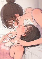 Rule 34 | 2girls, absurdres, betock, blush, breasts, cleavage, closed eyes, commentary request, french kiss, highres, indoors, kiss, kiss from behind, medium breasts, medium hair, multiple girls, original, sweat, tongue, tongue out, upper body, yellow eyes, yuri