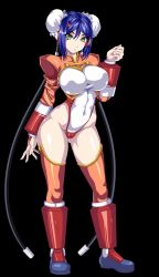 Rule 34 | arcana heart, blue hair, cameltoe, double bun, full body, green eyes, idbjoshm, looking at viewer, mei-fang, simple background, solo, standing, tagme