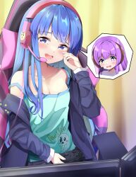 Rule 34 | 1girl, :d, absurdres, black coat, blue eyes, blue hair, chair, coat, controller, dress, furude rika, game controller, gaming chair, hand on own face, hanyuu, head tilt, highres, higurashi no naku koro ni, horns, loose clothes, microphone, open mouth, papyrus (undertale), pink headphones, purple hair, sinrin uo, smile, sundress, swivel chair, tearing up