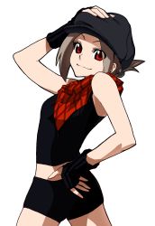 Rule 34 | 1girl, absurdres, bandana, black gloves, black shirt, brown hair, cabbie hat, commentary request, crop top, fingerless gloves, folded ponytail, gloves, hand on headwear, hand on own hip, hat, highres, looking at viewer, looking back, original, poaro, red eyes, shirt, short shorts, shorts, simple background, smile, solo, tank top, white background