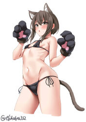 Rule 34 | 1girl, animal ear fluff, animal hands, bikini, black bikini, blush, breasts, brown eyes, brown hair, cat girl, cat paws, cat tail, cowboy shot, ebifurya, flat chest, gloves, highres, kantai collection, navel, one-hour drawing challenge, paw gloves, ribs, short hair, side-tie bikini bottom, small breasts, solo, stomach, swimsuit, taihou (kancolle), tail, twitter username, white background