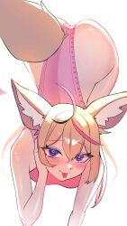 Rule 34 | 1girl, all fours, alternate costume, animal ears, arm rest, ass, back, bare arms, bare hips, blonde hair, breasts, fox ears, fox girl, fox tail, from above, hand on own cheek, hand on own face, heart, heart-shaped pupils, highleg, highleg leotard, highres, hololive, leotard, looking at viewer, omaru polka, pink leotard, purple eyes, small breasts, smile, solo, symbol-shaped pupils, tail, thong leotard, tongue, tongue out, virtual youtuber, yuuppi
