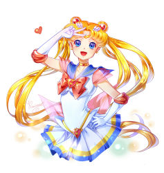 Rule 34 | 1girl, :d, bishoujo senshi sailor moon, blonde hair, blue eyes, blue sailor collar, bow, brooch, choker, circlet, cowboy shot, crescent, crescent earrings, double bun, earrings, elbow gloves, gloves, hair bun, hair ornament, hairpin, hand on own hip, heart, heart brooch, jewelry, kaminary, long hair, looking at viewer, magical girl, multicolored clothes, multicolored skirt, open mouth, pleated skirt, red bow, sailor collar, sailor moon, signature, skirt, smile, solo, super sailor moon, tsukino usagi, twintails, v, white background, white gloves, yellow choker