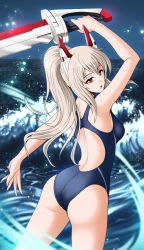 Rule 34 | 1girl, ass, ayanami (azur lane), azur lane, blonde hair, blue one-piece swimsuit, commentary request, competition swimsuit, cowboy shot, from behind, headgear, horizon, long hair, looking at viewer, looking back, one-piece swimsuit, ponytail, rakusai (saisai garou), red eyes, solo, swimsuit, sword, waves, weapon