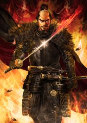 Rule 34 | 1boy, armor, black cape, black feathers, black gloves, cape, chainmail, chonmage, dou, facial hair, feather trim, feathers, fire, flaming sword, flaming weapon, gauntlets, glint, gloves, goatee, highres, holding, holding sword, holding weapon, japanese armor, looking at viewer, male focus, mustache, oda nobunaga, old, old man, plate armor, real life, samurai, sengoku gallery, sheath, standing, sword, topknot, weapon