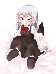 Rule 34 | 1girl, :d, bad id, bad twitter id, bat wings, bed sheet, black wings, blush, breasts, brown dress, brown pantyhose, commentary request, demon girl, dress, fang, frilled dress, frills, highres, juliet sleeves, loli kko daisuki kurabu, long hair, long sleeves, open mouth, original, pantyhose, pointy ears, puffy sleeves, red eyes, shirt, silver hair, sitting, sleeveless, sleeveless dress, small breasts, smile, solo, wariza, white shirt, wings