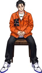 Rule 34 | 1boy, black hair, black pants, chair, charisma house, closed mouth, facing viewer, interlocked fingers, itou fumiya, jacket, long sleeves, male focus, mojisan (ebimo), official art, orange jacket, own hands together, pants, shirt, shoes, sitting, sneakers, solo, white footwear, white shirt, wooden chair