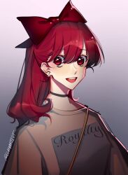 Rule 34 | 1girl, alternate costume, artist name, black choker, bow, choker, earrings, english text, gradient background, grey background, hair bow, highres, jewelry, llamartist, long hair, looking at viewer, open mouth, persona, persona 5, persona 5 the royal, red bow, red eyes, red hair, shirt, shoulder strap, solo, teeth, upper body, upper teeth only, white shirt, yoshizawa kasumi