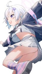 Rule 34 | 1girl, ahoge, backpack, bag, black coat, black neckerchief, blue archive, blue hair, breasts, coat, foot up, from below, grey shirt, grey skirt, hair ornament, halo, highres, looking ahead, multicolored hair, neckerchief, no bra, no panties, open clothes, open coat, open mouth, outstretched arms, pink bag, pink footwear, pink hair, pink socks, pleated skirt, purple eyes, reisa (blue archive), sailor collar, school uniform, serafuku, shirt, sho bu 1116, shoes, skirt, small breasts, smile, sneakers, socks, solo, spread arms, standing, standing on one leg, star (symbol), star hair ornament, striped clothes, striped socks, two-tone hair, underboob, upshirt, v-shaped eyebrows, white background, white sailor collar