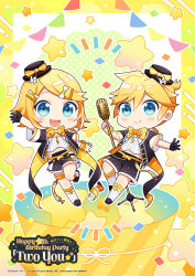 Rule 34 | 1boy, 1girl, artist name, blonde hair, blue eyes, bunting, character name, chibi, copyright name, english text, fang, full body, highres, holding, holding microphone stand, kagamine len, kagamine rin, kagamine rin/len happy 14th birthday, microphone, microphone stand, nokuhashi, official alternate costume, official art, second-party source, skin fang, smile, star (symbol), two you (vocaloid), vocaloid