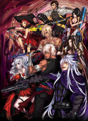 Rule 34 | 00s, 4boys, 4girls, axe, berserker (dungeon and fighter), breasts, cape, dress, dungeon and fighter, female gunner (dungeon and fighter), female priest (dungeon and fighter), fighter (dungeon and fighter), gun, gunner (dungeon and fighter), hat, highres, launcher, long hair, mage (dungeon and fighter), magic circle, male priest (dungeon and fighter), male thief (dungeon and fighter), multiple boys, multiple girls, pants, short hair, slayer (dungeon and fighter), staff, standing, weapon, white hair, witch