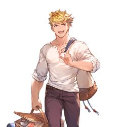 Rule 34 | 10s, 1boy, belt, blonde hair, collarbone, cowboy shot, granblue fantasy, holding, long sleeves, looking to the side, male focus, minaba hideo, open mouth, pectoral cleavage, pectorals, picnic basket, smile, transparent background, vane (granblue fantasy), walking, white background