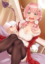 Rule 34 | 1girl, bare shoulders, black legwear, blush, breasts, cleavage, crying, demon girl, dress, green eyes, hair ornament, highres, long hair, medium breasts, narushima kanna, open mouth, paid reward available, pink hair, pointy ears, sitting, skirt, solo, tears, twintails