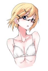 Rule 34 | 1girl, black-framed eyewear, blonde hair, blue eyes, bra, eyebrows, flat chest, glasses, highres, looking at viewer, nasubi4499, semi-rimless eyewear, short hair, simple background, solo, strike witches, strike witches: suomus misfits squadron, under-rim eyewear, underwear, ursula hartmann, white background, white bra, world witches series