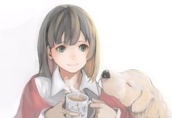 Rule 34 | 1girl, black hair, blanket, coffee, coffee mug, commentary, cup, dog, emo863063, green eyes, harutask, head on another&#039;s shoulder, long hair, morning, mug, original, simple background, sketch, smile, solo, steam, upper body, white background