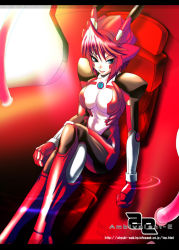 Rule 34 | 1girl, android, bad id, bad pixiv id, blue eyes, breasts, cleavage, cockpit, hucaseal, large breasts, looking at viewer, oogami yuuki, phantasy star, phantasy star online, red background, red hair, red theme, sitting, solo, submerged, text focus