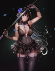 Rule 34 | 1girl, bad id, bad pixiv id, bare shoulders, black background, black gloves, black hair, black skirt, black thighhighs, blue flower, blue rose, breasts, brown eyes, cleavage, closed mouth, cowboy shot, emp (tcrp0423), flower, frilled skirt, frills, garter straps, gloves, hair ornament, katana, lace, large breasts, legs apart, long hair, looking at viewer, neck ribbon, original, petals, ribbon, rose, see-through, sheath, skirt, solo, standing, sword, thighhighs, unsheathing, very long hair, weapon