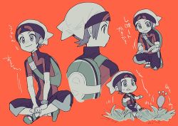 Rule 34 | 1boy, beanie, book, bracelet, brendan (pokemon), capri pants, chibi, closed mouth, creatures (company), game freak, gen 3 pokemon, grass, green bag, grey eyes, grey hair, hat, holding, holding book, holding pen, indian style, jewelry, kneeling, male focus, multiple views, nintendo, on one knee, orange background, oshi taberu, pants, pen, pokemon, pokemon (creature), pokemon oras, shoes, short sleeves, sitting, skitty, smile, sneaking, sweatdrop, tongue, tongue out, translation request, writing