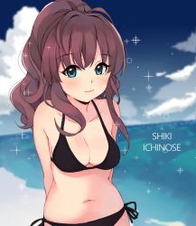 Rule 34 | 1girl, :3, arms behind back, bad id, bad pixiv id, bikini, black bikini, blue eyes, blurry, blurry background, breasts, brown hair, character name, cleavage, closed mouth, cloud, cloudy sky, collarbone, commentary request, day, halterneck, ichinose shiki, idolmaster, idolmaster cinderella girls, kirarin369, long hair, looking at viewer, medium breasts, navel, ocean, outdoors, ponytail, sky, smile, solo, standing, string bikini, swimsuit, upper body, wavy hair