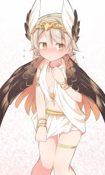 Rule 34 | 1girl, @ @, bad id, bad pixiv id, blush, breasts, brown eyes, brown hair, brown wings, circe (fate), circe (fate) (cosplay), closed mouth, collarbone, commentary request, cosplay, fate/grand order, fate (series), feathered wings, flying sweatdrops, hair between eyes, hand up, head wings, headpiece, idolmaster, idolmaster cinderella girls, jewelry, long hair, looking at viewer, morikubo nono, necklace, nose blush, skirt, skirt tug, small breasts, solo, standing, sweat, uccow, white skirt, white wings, wings