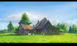 Rule 34 | arsenixc, cloud, day, highres, house, letterboxed, no humans, original, realistic, scenery, sheep, sky, tree