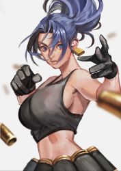 Rule 34 | 1girl, bare shoulders, belt, black gloves, black tank top, blue eyes, blue hair, breasts, contolline, earrings, fighting stance, gas can, gloves, hair between eyes, high ponytail, highres, jewelry, large breasts, leona heidern, looking at viewer, military, ponytail, sideboob, solo, tank top, the king of fighters, the king of fighters xiii, triangle earrings