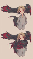 Rule 34 | 1girl, animal ears, arms behind back, black tail, black wings, blonde hair, closed mouth, collared shirt, covering own mouth, cropped torso, dragon girl, dragon tail, dress shirt, flat chest, grey shirt, highres, kmbk, long sleeves, looking at viewer, multicolored tail, multicolored wings, multiple views, multiple wings, original, parted bangs, red eyes, red tail, red wings, scales, shirt, slit pupils, smile, spread wings, tail, wings
