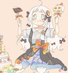 Rule 34 | + +, 1girl, a.i. voice, alternate costume, aqua pupils, arms up, black footwear, black skirt, blue eyes, blue pantyhose, blush, bow, braid, cake, cake slice, chipochopo324, closed mouth, collared shirt, commentary request, cup, eating, food, food bite, food on face, food request, fork, full body, full mouth, grey shirt, grey skirt, hair bow, hair ornament, holding, holding fork, icing, kizuna akari, kizuna akari (tsubomi), layer cake, layered skirt, long hair, mary janes, multiple hair bows, orange background, orange bow, pantyhose, ribbed shirt, shirt, shoes, short bangs, short sleeves, side braid, simple background, sitting, skirt, solo, strawberry shortcake, suspender skirt, suspenders, teacup, thick eyebrows, v-shaped eyebrows, voiceroid, waist bow, wariza, wavy hair, white hair