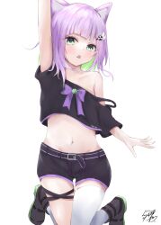Rule 34 | 1girl, absurdres, andason sanda, animal ears, belt, black footwear, black shirt, black shorts, blunt bangs, boots, cat ears, cat girl, colored inner hair, cropped shirt, fang, green eyes, green hair, highres, indie virtual youtuber, looking at viewer, medium hair, midriff, multicolored hair, navel, off-shoulder shirt, off shoulder, open mouth, purple hair, second-party source, shirt, short shorts, short sleeves, shorts, shwaa, single thighhigh, skin fang, stomach, strap slip, thighhighs, two-tone hair, virtual youtuber, white thighhighs