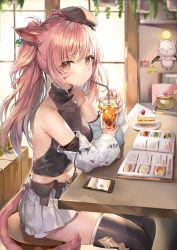 Rule 34 | 1girl, animal ears, backlighting, bare shoulders, black hat, black shirt, black thighhighs, blurry, blush, book, breasts, cake, cake slice, cat ears, cat tail, cellphone, chair, closed mouth, collarbone, commentary request, crop top, cup, day, depth of field, detached sleeves, drinking glass, drinking straw, earrings, facial mark, final fantasy, final fantasy xiv, food, hat, highres, holding, holding cup, indoors, jar, jewelry, leaf, long hair, looking at viewer, medium breasts, midriff, mini hat, miniskirt, miqo&#039;te, momoko (momopoco), moogle, nail polish, open book, orange eyes, phone, pink hair, pink nails, plate, pleated skirt, shirt, skirt, smartphone, solo, sticky note, stool, table, tail, thighhighs, twintails, white skirt, window, zettai ryouiki