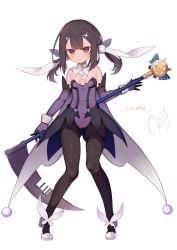 Rule 34 | 1girl, absurdres, black hair, black pantyhose, breasts, brown eyes, cape, cleavage, elbow gloves, expressionless, fate/kaleid liner prisma illya, fate (series), full body, gloves, hair ornament, hairclip, highres, kaleidostick, leotard, long hair, magical sapphire, miyu edelfelt, pantyhose, purple gloves, purple leotard, ribbon, scythe, shoes, showgirl skirt, small breasts, solo, strapless, strapless leotard, thigh strap, tomo (ryo i so ), twintails, weapon, white cape
