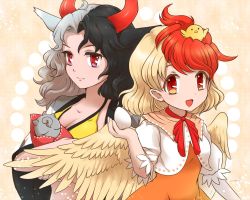 Rule 34 | 2girls, animal, animal ears, animal on head, animal print, bird, bird on head, bird wings, black hair, blonde hair, chick, chicken, closed mouth, collarbone, cow ears, cow girl, cow horns, cow print, dress, feathered wings, haori, highres, horns, japanese clothes, medium hair, midriff, multicolored hair, multiple girls, niwatari kutaka, on head, open mouth, orange dress, orange eyes, red eyes, red hair, red horns, red neckwear, shirt, split-color hair, statue, stomach, tank top, togeshiro azami, touhou, two-tone hair, ushizaki urumi, white hair, white shirt, wings, yellow tank top, yellow wings