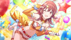 Rule 34 | 1girl, belt, boots, confetti, fingerless gloves, game cg, gloves, hair ornament, idol clothes, idolmaster, idolmaster shiny colors, komiya kaho, microphone, navel, necktie, official art, one eye closed, open mouth, red eyes, red hair, short shorts, shorts, solo, star (symbol)