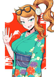 Rule 34 | 1girl, blue eyes, border, breasts, creatures (company), floral print, game freak, glasses on head, hair ornament, highres, japanese clothes, kimono, looking at viewer, medium breasts, nintendo, open mouth, orange hair, pokemon, pokemon swsh, red background, shimure (460), side ponytail, single sidelock, smile, solo, sonia (pokemon), teeth, upper body, upper teeth only, white border