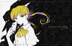 Rule 34 | 1girl, blending, blonde hair, blue hair, border, bow, bowtie, breast pocket, bright pupils, bukiyama, cellphone, closed mouth, collared shirt, disembodied hand, english text, expressionless, fingernails, golden number (vocaloid), golden spiral, greyscale, hair tie, hand up, highres, holding, holding phone, looking at viewer, low twintails, medium hair, monochrome, multicolored hair, phone, pocket, sharp fingernails, shirt, short sleeves, sideways glance, smartphone, solo, song name, spot color, swept bangs, transparent border, twintails, two-tone hair, upper body, vocaloid, white pupils, yellow bow, yellow bowtie, yellow eyes