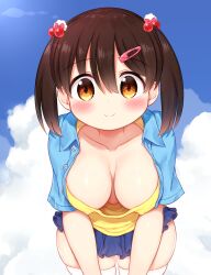 Rule 34 | 1girl, black hair, blue shirt, blue skirt, blue sky, blush, bow, breasts, cleavage, cloud, collarbone, collared shirt, commentary request, covered erect nipples, day, hades1580, hair between eyes, hair bow, hair ornament, hairclip, hanging, highres, large breasts, leaning forward, looking at viewer, oppai loli, original, outdoors, shirt, short hair, sidelocks, skirt, sky, smile, thighhighs, white thighhighs, yellow shirt