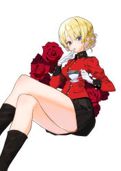 Rule 34 | 1girl, absurdres, black footwear, black skirt, blonde hair, blue eyes, boots, braid, crossed legs, cup, darjeeling (girls und panzer), epaulettes, flower, full body, girls und panzer, half-closed eyes, hand to own mouth, highres, holding, holding cup, insignia, invisible chair, jacket, long sleeves, looking at viewer, military, military uniform, miniskirt, ouma bunshichirou, parted lips, pleated skirt, red flower, red jacket, red rose, rose, short hair, simple background, sitting, skirt, solo, st. gloriana&#039;s military uniform, teacup, uniform, white background