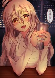 Rule 34 | 10s, 1girl, blush, breasts, cityscape, cup, drinking glass, grey hair, hat, head tilt, highres, holding, holding cup, holding drinking glass, indoors, kantai collection, large breasts, lips, long hair, long sleeves, looking at viewer, open mouth, pola (kancolle), sazamiso rx, shirt, solo, table, teeth, translation request, wavy hair, white shirt, window, yellow eyes