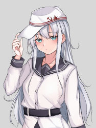 Rule 34 | 1girl, aqua eyes, bad id, bad pixiv id, belt, black belt, breasts, flat cap, grey background, hammer and sickle, hat, hibiki (kancolle), highres, jiangyou dang, kantai collection, long sleeves, shirt, silver hair, small breasts, solo, star (symbol), upper body, verniy (kancolle), white hat, white shirt