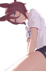 Rule 34 | 1girl, absurdres, animal ears, black shorts, brown hair, commentary request, from below, hair between eyes, highres, horse ears, jilu, looking at viewer, looking down, narita taishin (umamusume), parted lips, shirt, short hair, short shorts, short sleeves, shorts, simple background, solo, umamusume, white background, white shirt